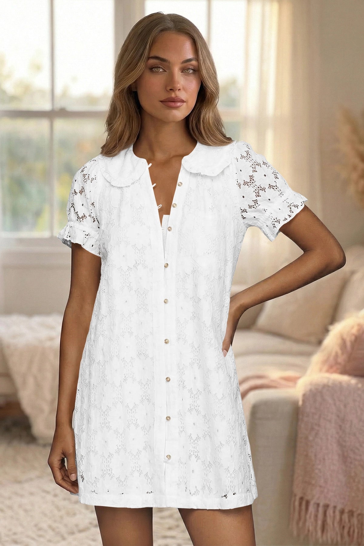 Wenrine Womens White Short Sleeve Lace Mini Dress