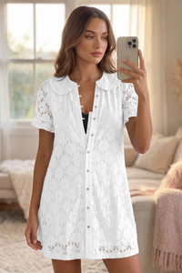 Wenrine Womens White Short Sleeve Lace Mini Dress
