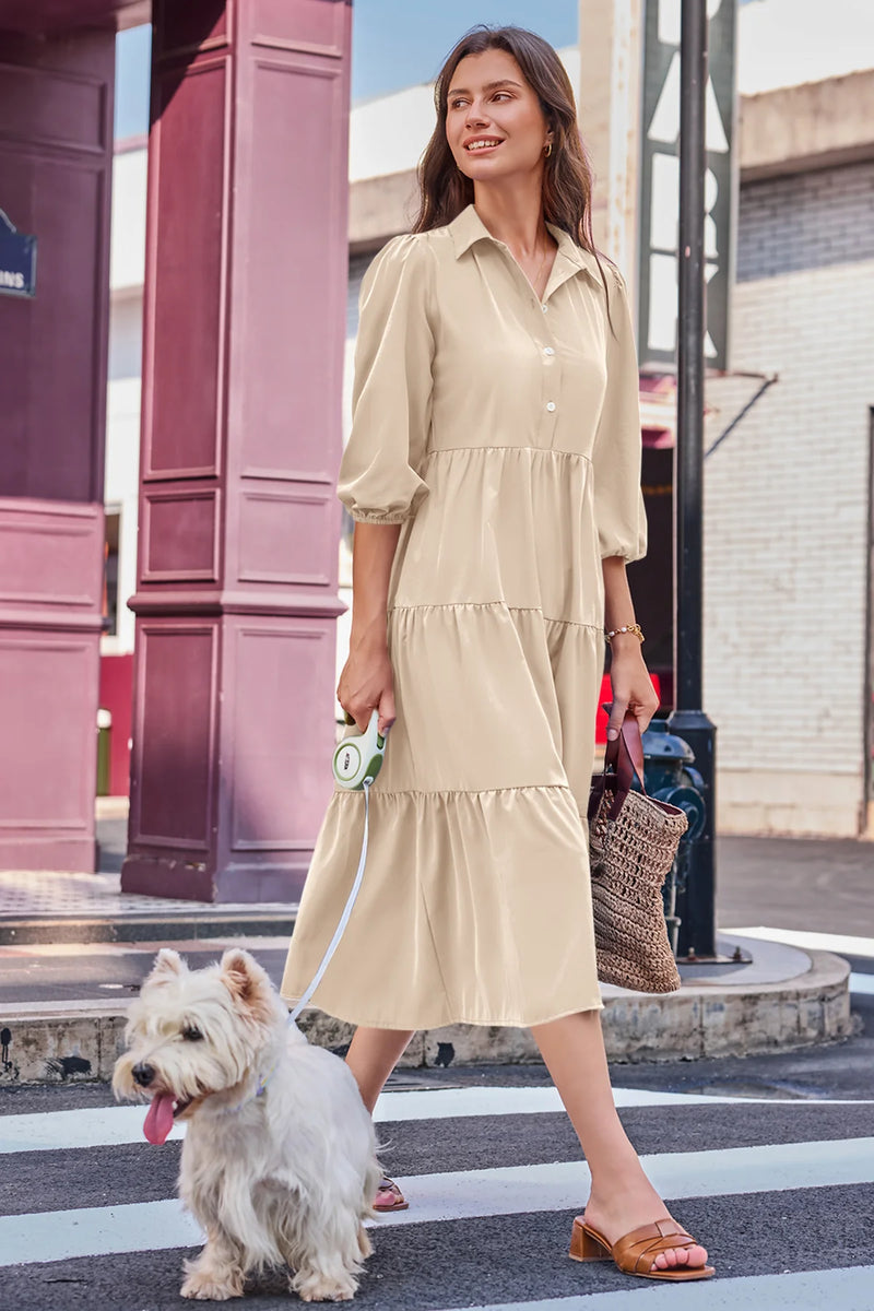 Wenrine Beige Button Down Collared Maxi Dress