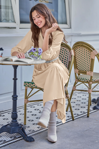 Wenrine Beige Button Down Collared Maxi Dress