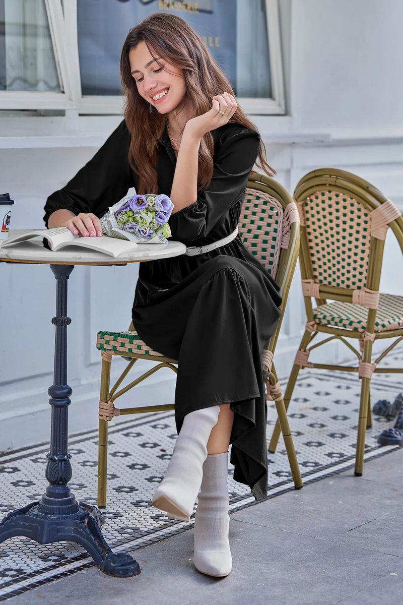 Wenrine Black Button Down Collared Maxi Dress