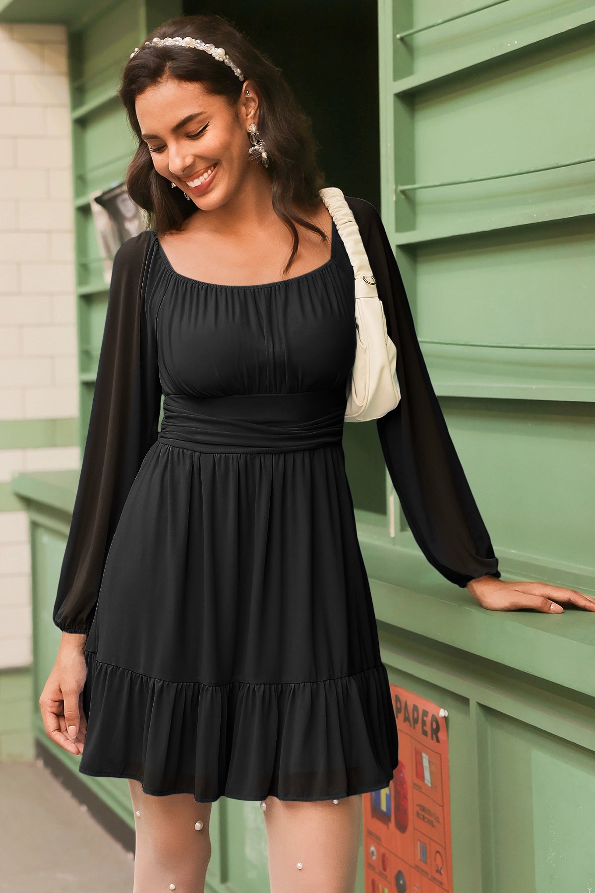 Wenrine Black Mesh Ruffle Party Mini Dress