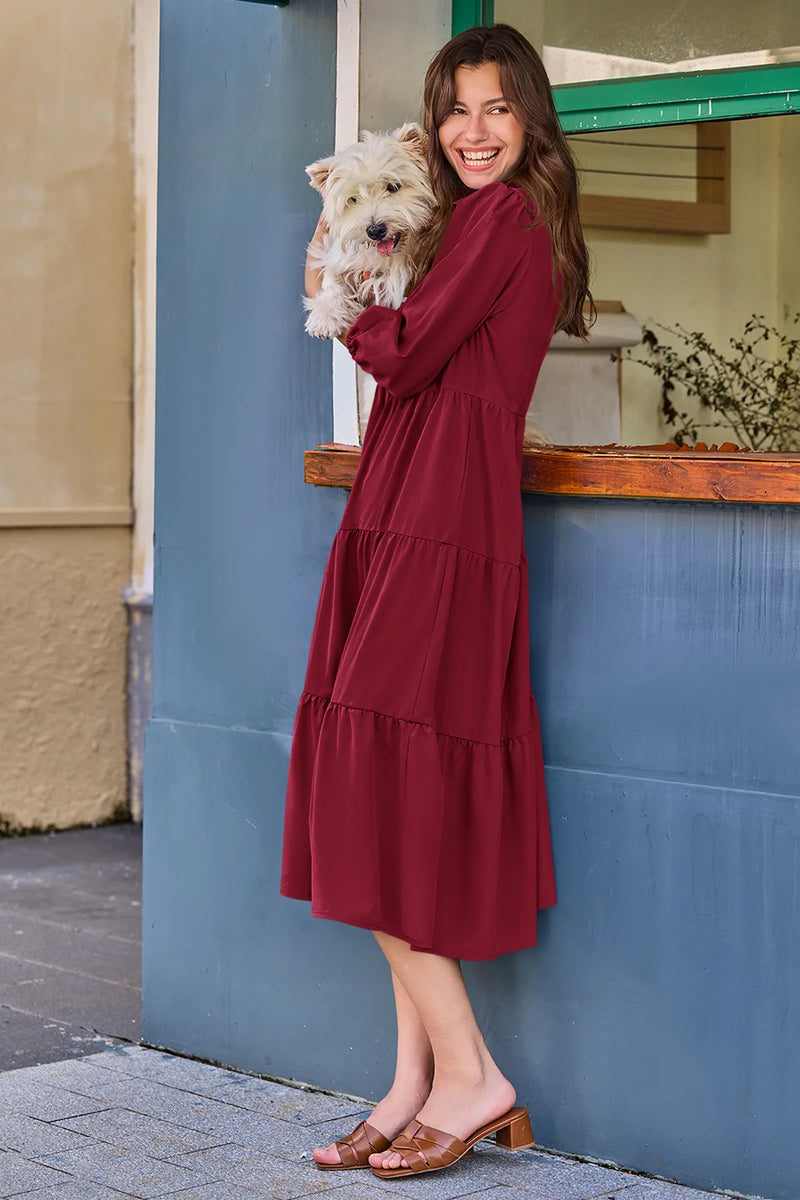 Wenrine Burgundy Button Down Collared Maxi Dress