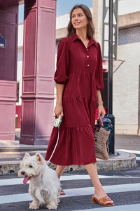 Wenrine Burgundy Button Down Collared Maxi Dress