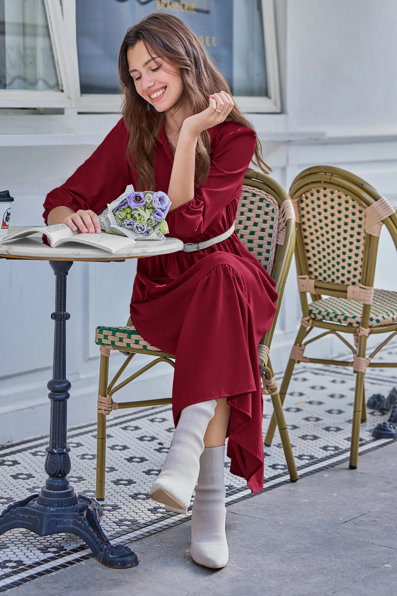 Wenrine Burgundy Button Down Collared Maxi Dress