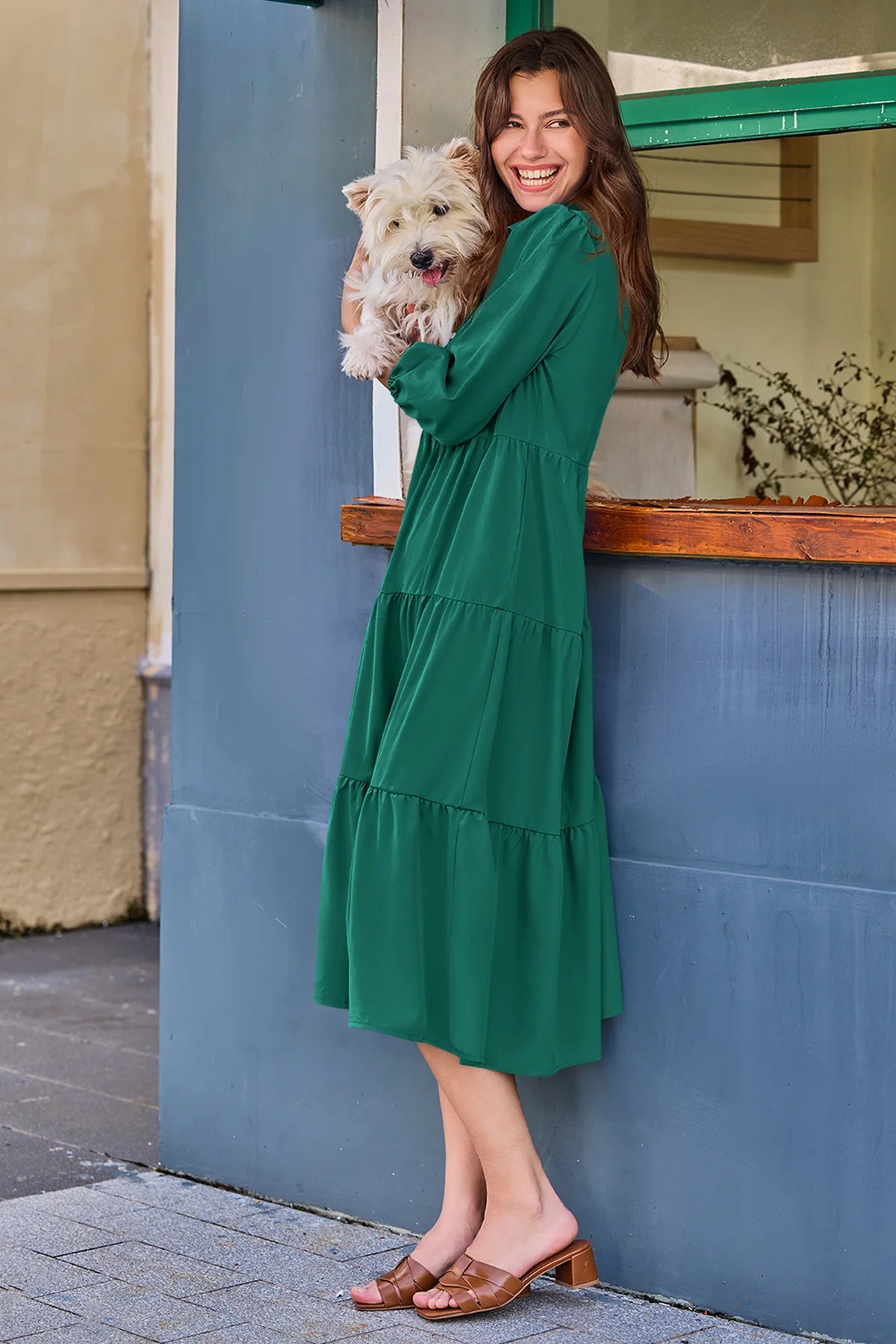 Wenrine Dark Green Button Down Collared Maxi Dress