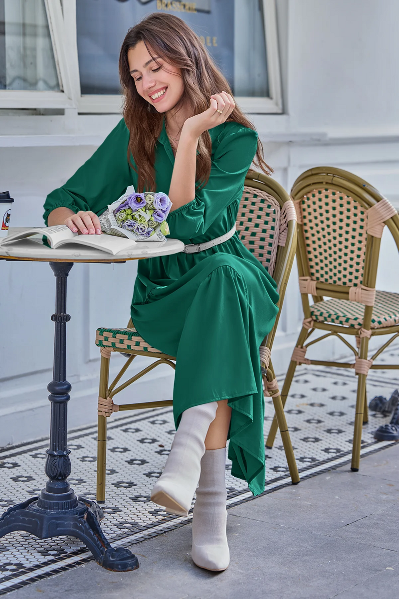 Wenrine Dark Green Button Down Collared Maxi Dress