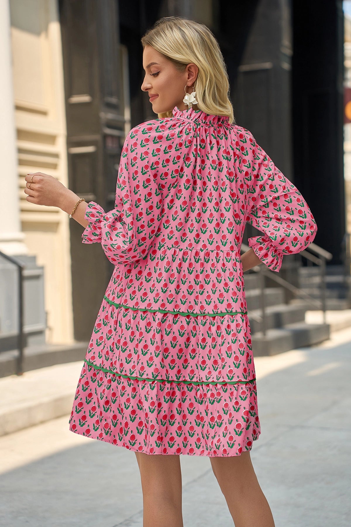 Wenrine Red Floral V Neck Babydoll Dress