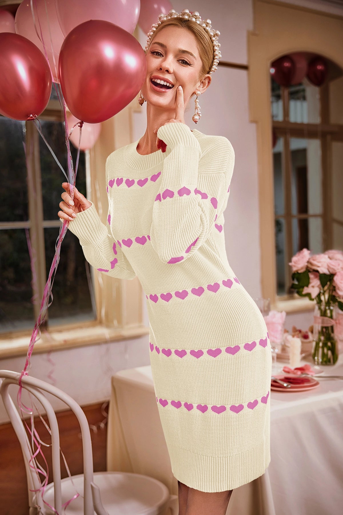 Wenrine Womens Beige Heart Crewneck Bodycon Mini Dresses