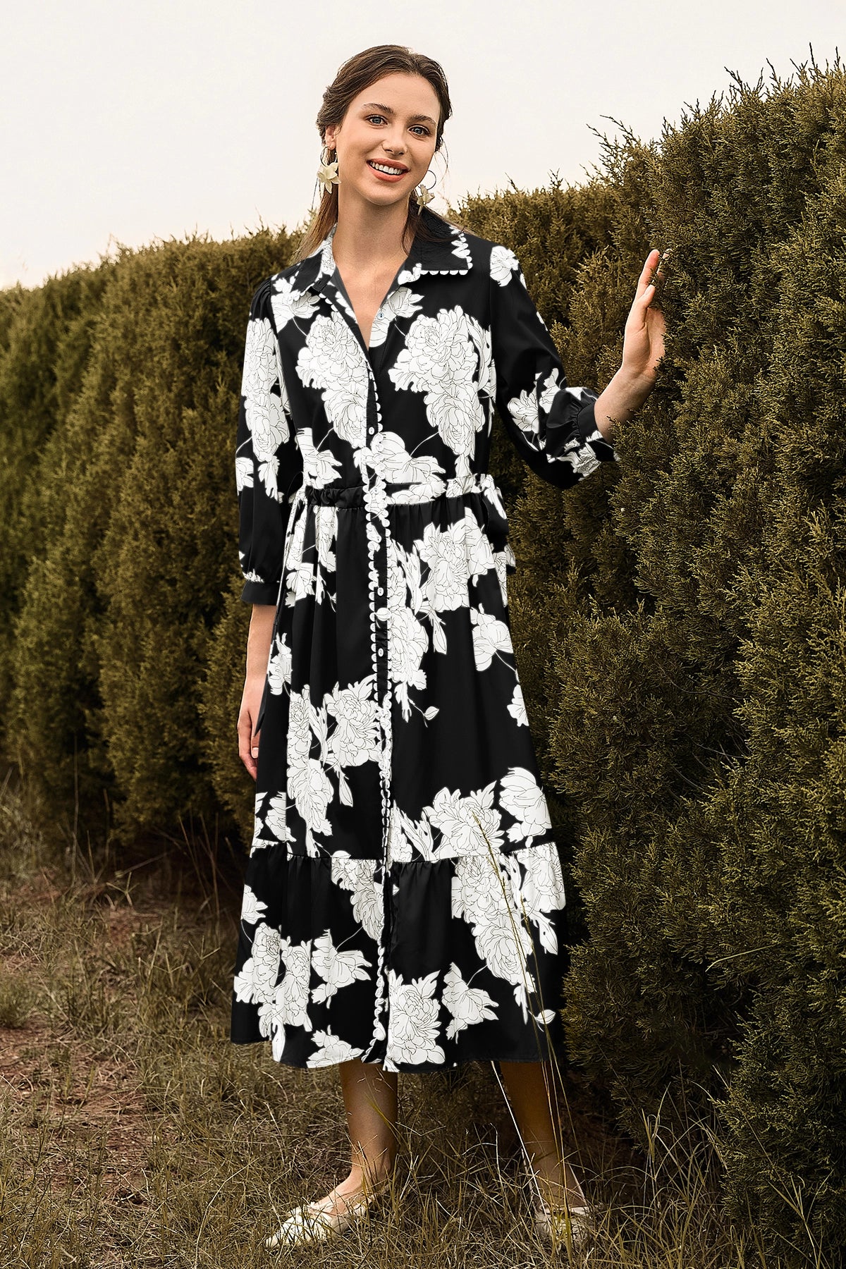 Wenrine Womens Black Button Down Floral Maxi Dress