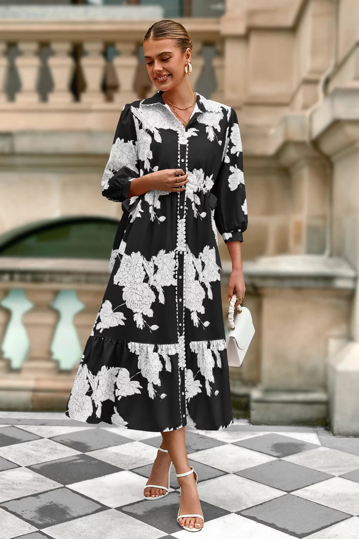 Wenrine Womens Black Button Down Floral Maxi Dress