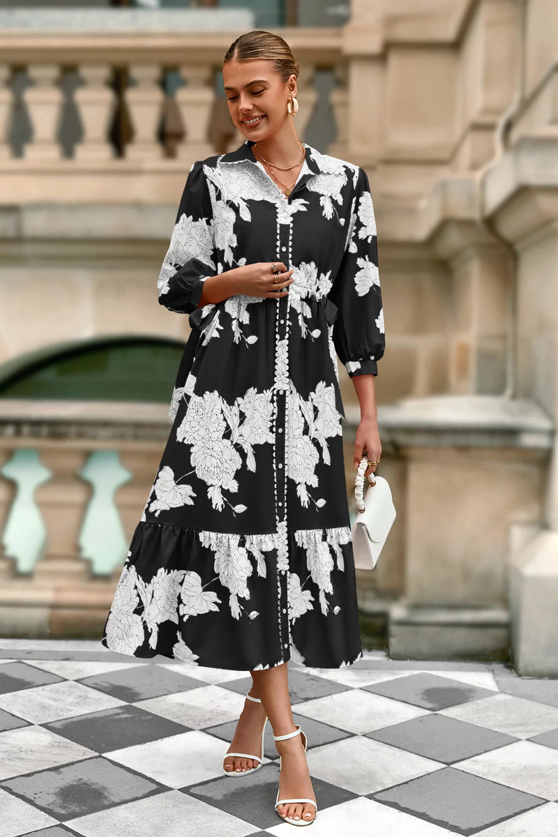 Wenrine Womens Black Button Down Floral Maxi Dress