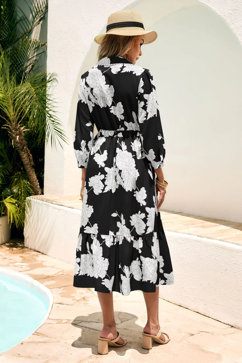 Wenrine Womens Black Button Down Floral Maxi Dress