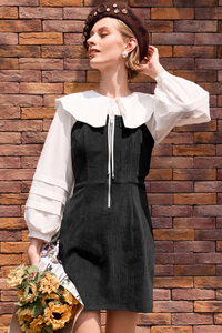 Wenrine Womens Black Corduroy Overall Mini Dress