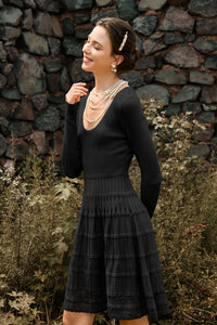 Wenrine Womens Black Long Sleeve Crochet Sweater Dress