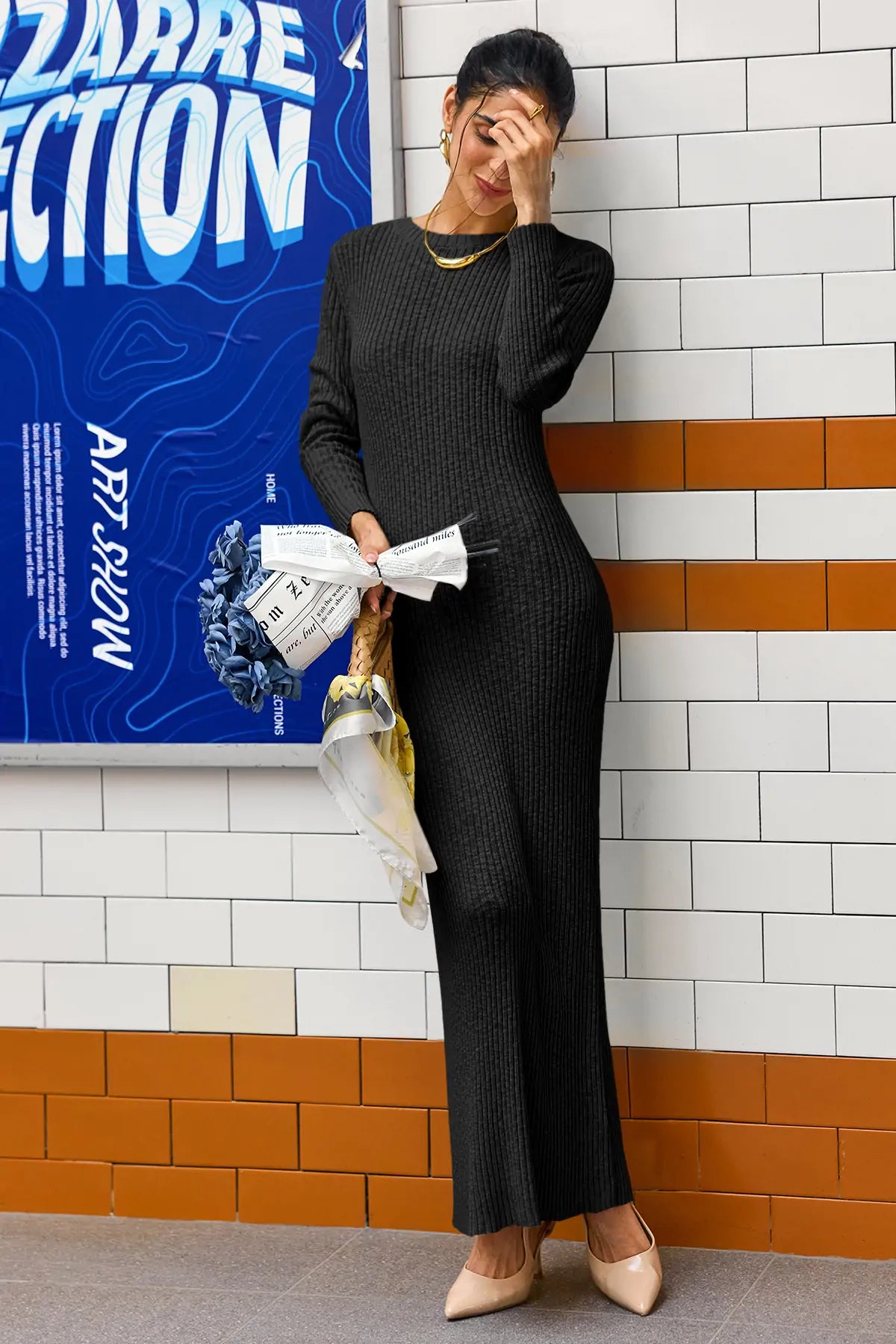 Wenrine Womens Black Sweater Maxi Dress