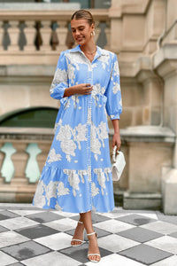 Wenrine Womens Blue Button Down Floral Maxi Dress