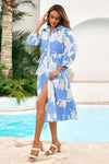 Wenrine Womens Blue Button Down Floral Maxi Dress