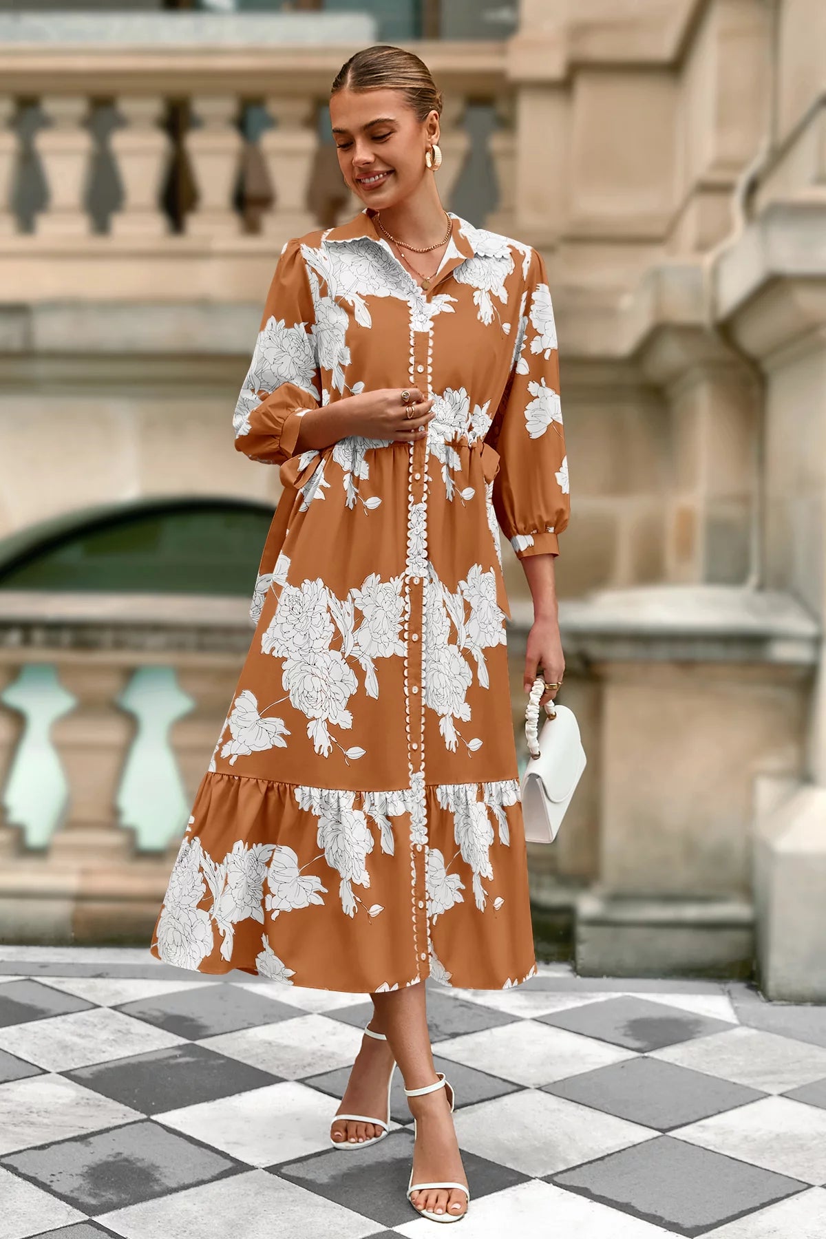 Wenrine Womens Brown Button Down Floral Maxi Dress