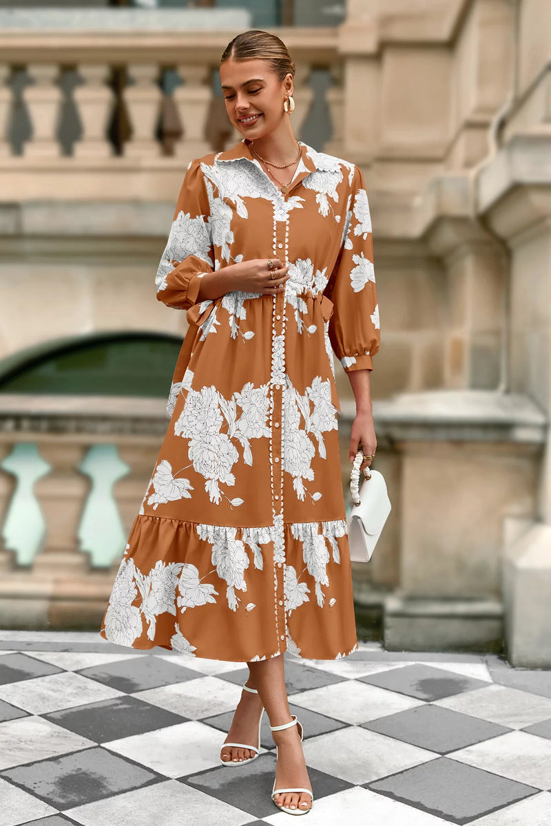 Wenrine Womens Brown Button Down Floral Maxi Dress