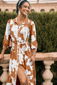 Wenrine Womens Brown Button Down Floral Maxi Dress