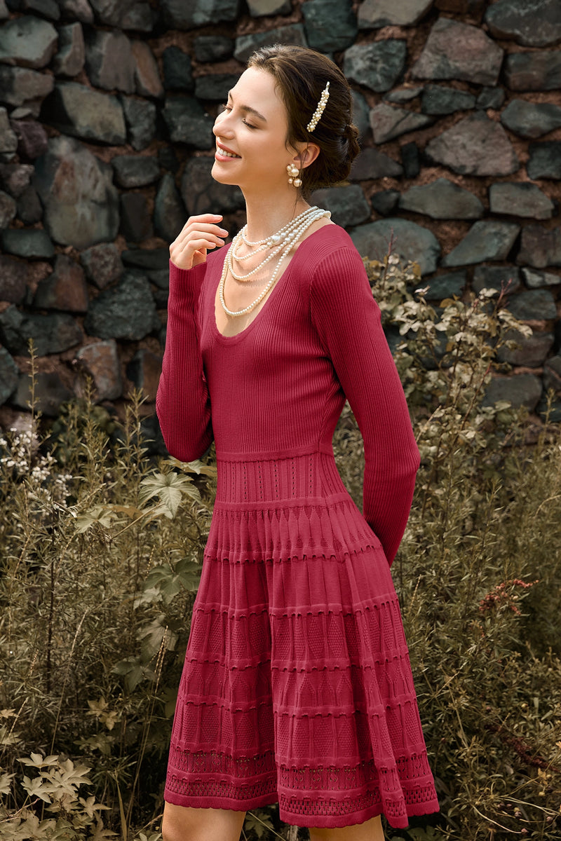 Wenrine Womens Burgundy Long Sleeve Crochet Sweater Dress