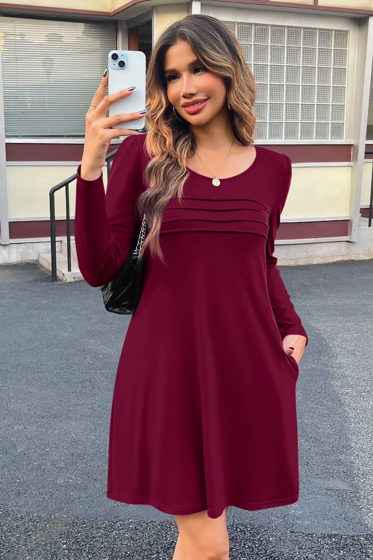 Wenrine Womens Burgundy Long Sleeve T Shirt Mini Dresses