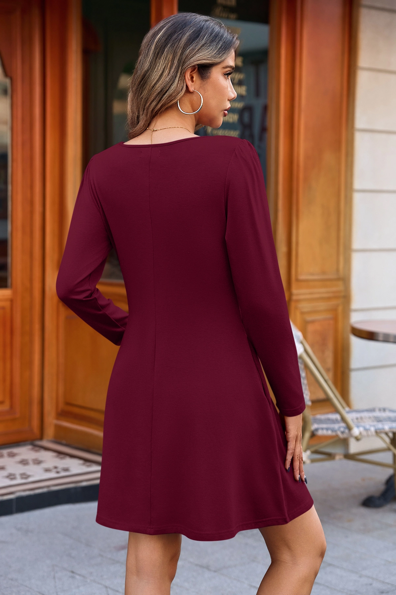Wenrine Womens Burgundy Long Sleeve T Shirt Mini Dresses