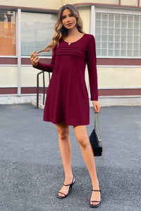 Wenrine Womens Burgundy Long Sleeve T Shirt Mini Dresses
