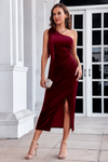 Wenrine Womens Burgundy One Shoulder Velvet Dresses