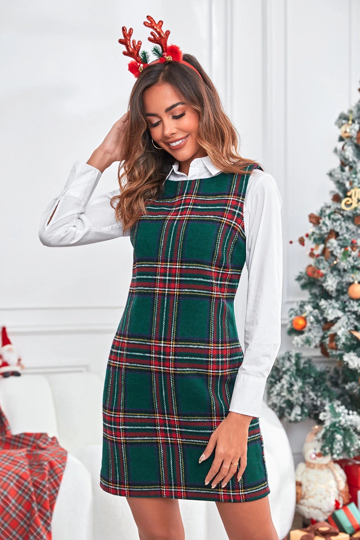 Wenrine Womens Green Plaid Christmas Overall Mini Dress