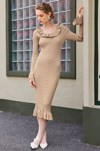 Wenrine Womens Khaki Bodycon Sweater Midi Dresses