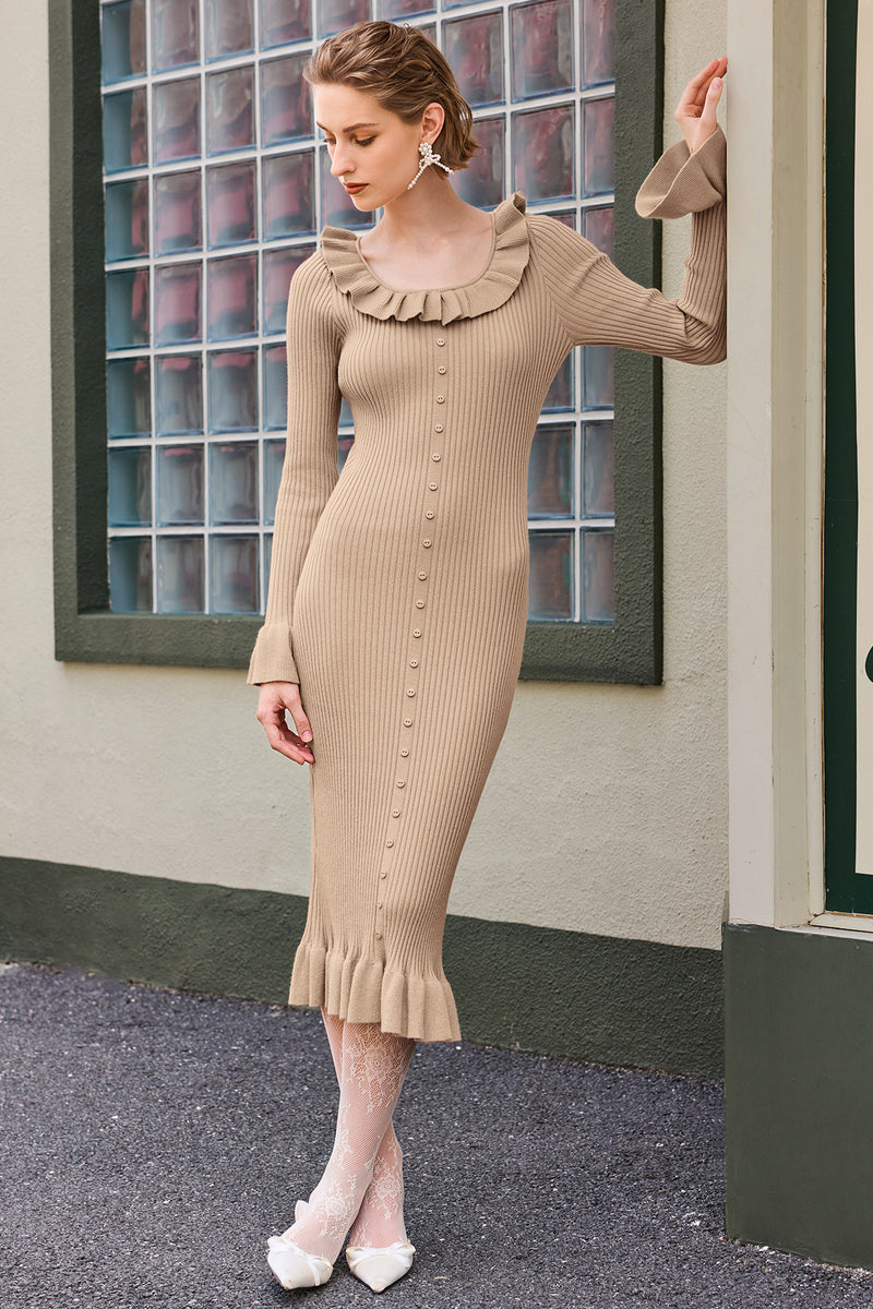 Wenrine Womens Khaki Bodycon Sweater Midi Dresses