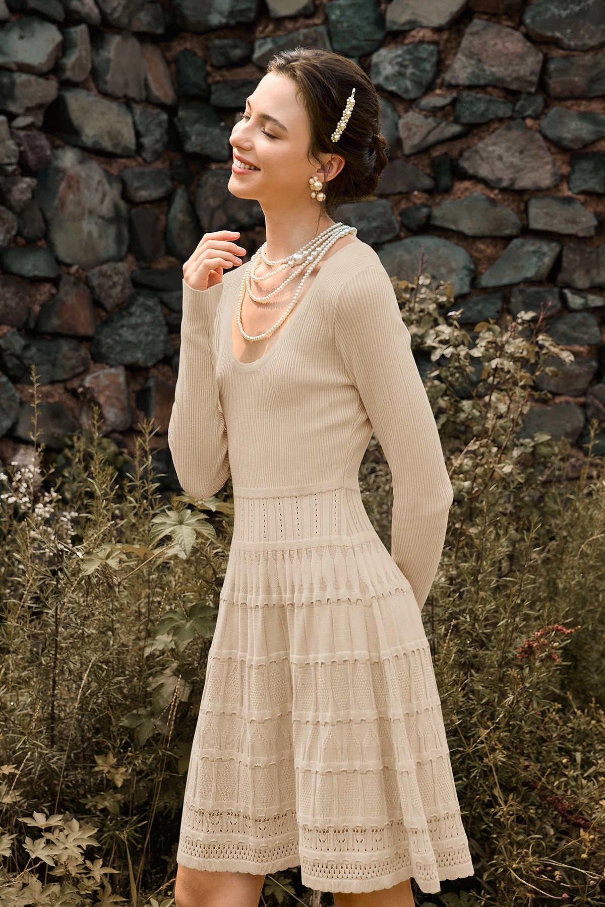 Wenrine Womens Khaki Long Sleeve Crochet Sweater Dress