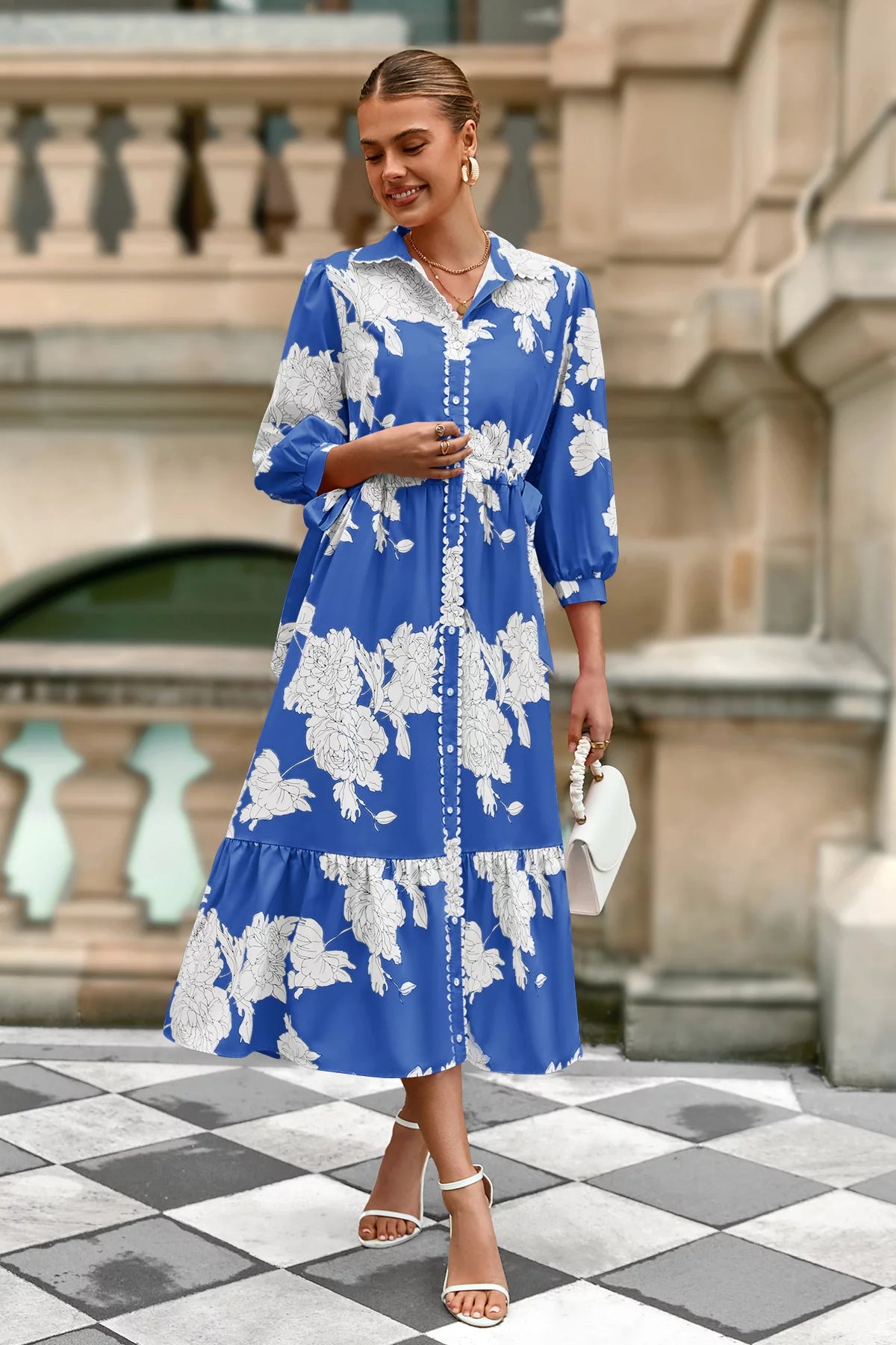 Wenrine Womens Navy Button Down Floral Maxi Dress