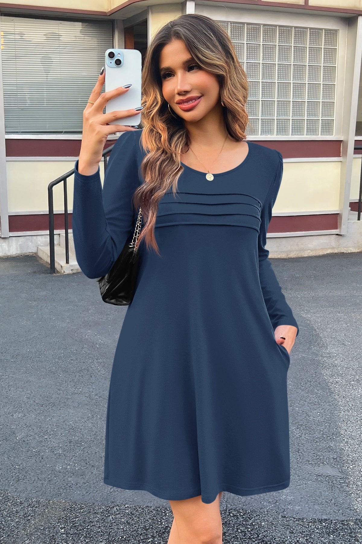 Wenrine Womens Navy Long Sleeve T Shirt Mini Dresses