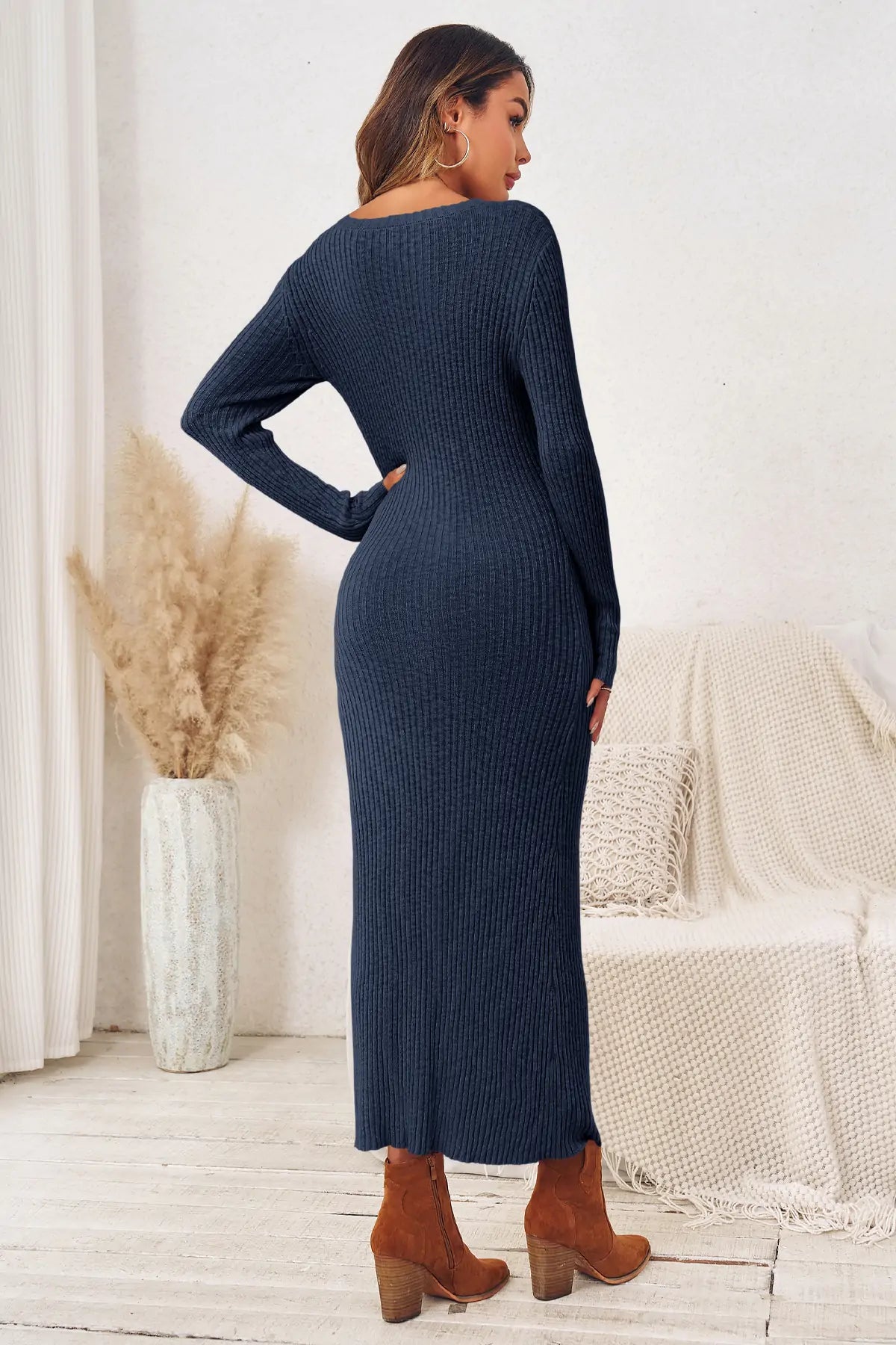 Wenrine Womens Navy Sweater Maxi Dress