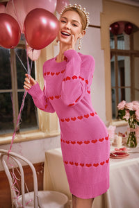 Wenrine Womens Pink Heart Crewneck Bodycon Mini Dresses