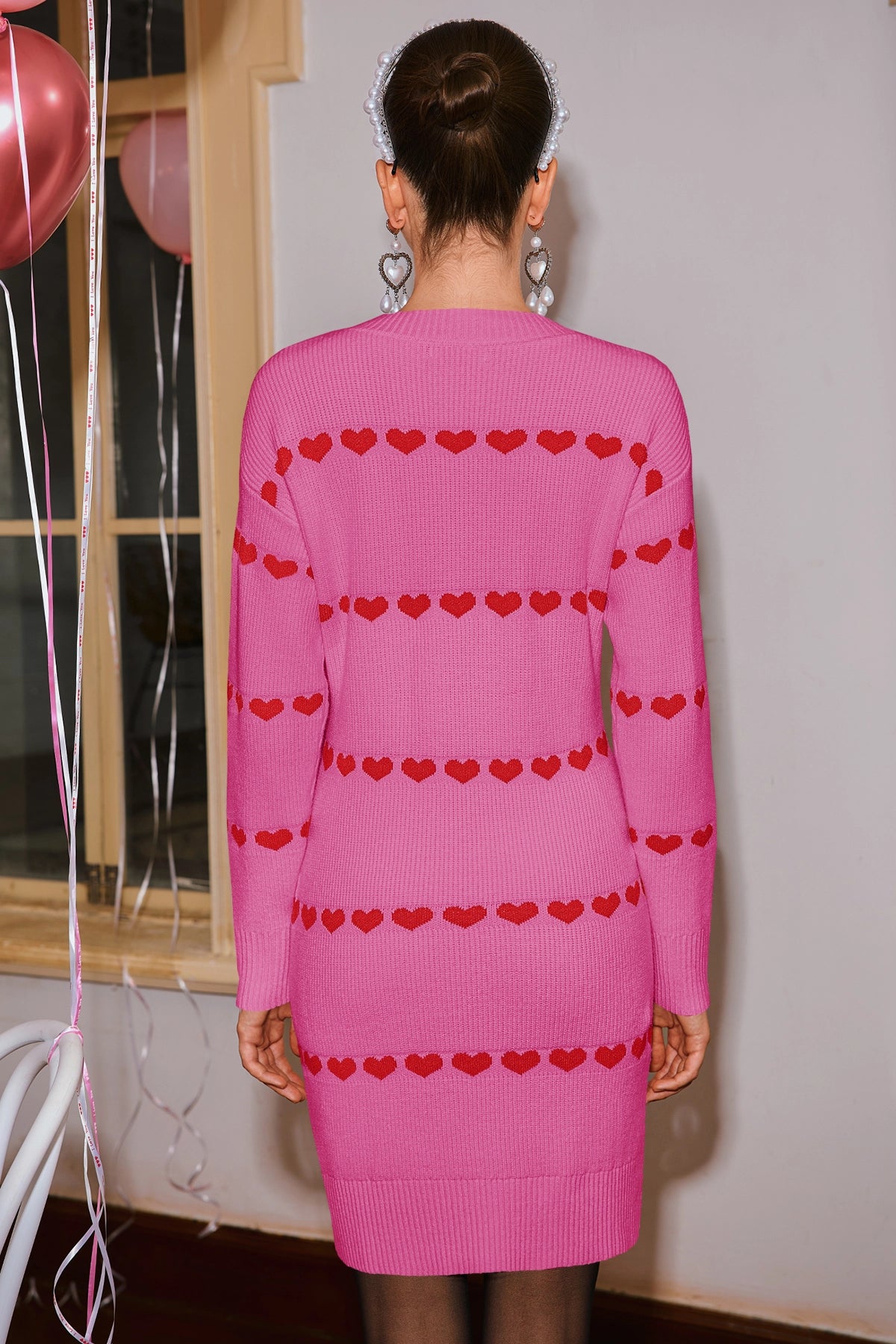 Wenrine Womens Pink Heart Crewneck Bodycon Mini Dresses