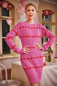 Wenrine Womens Pink Heart Crewneck Bodycon Mini Dresses