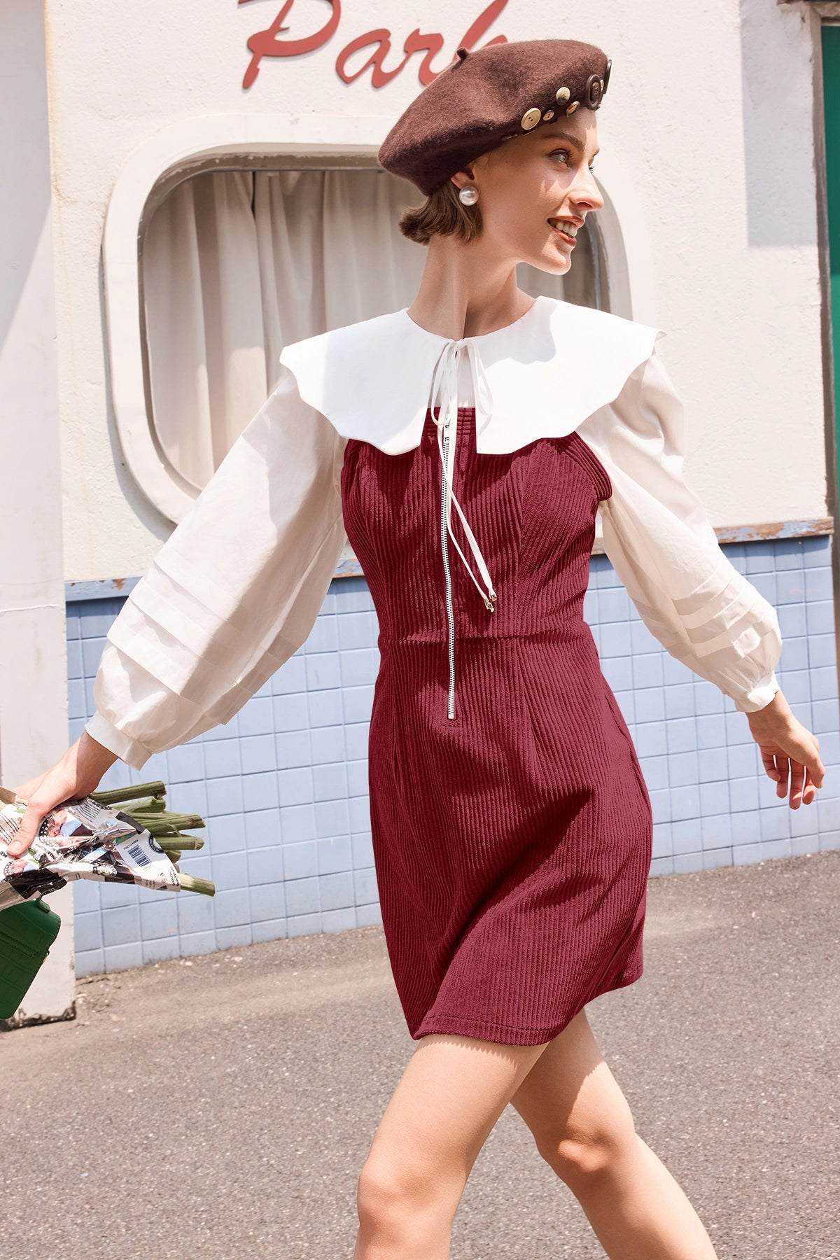 Wenrine Womens Red Corduroy Overall Mini Dress