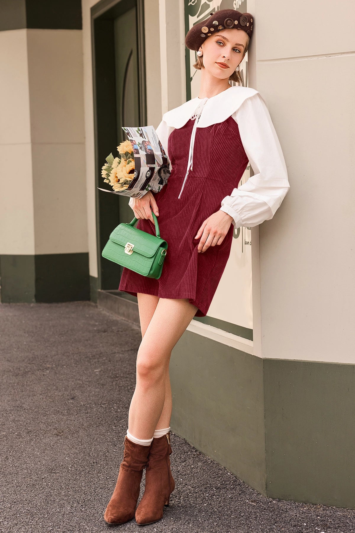 Wenrine Womens Red Corduroy Overall Mini Dress