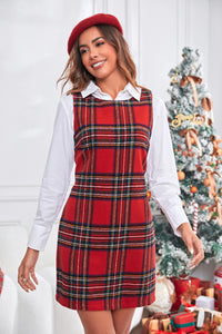 Wenrine Womens Red Plaid Christmas Overall Mini Dress