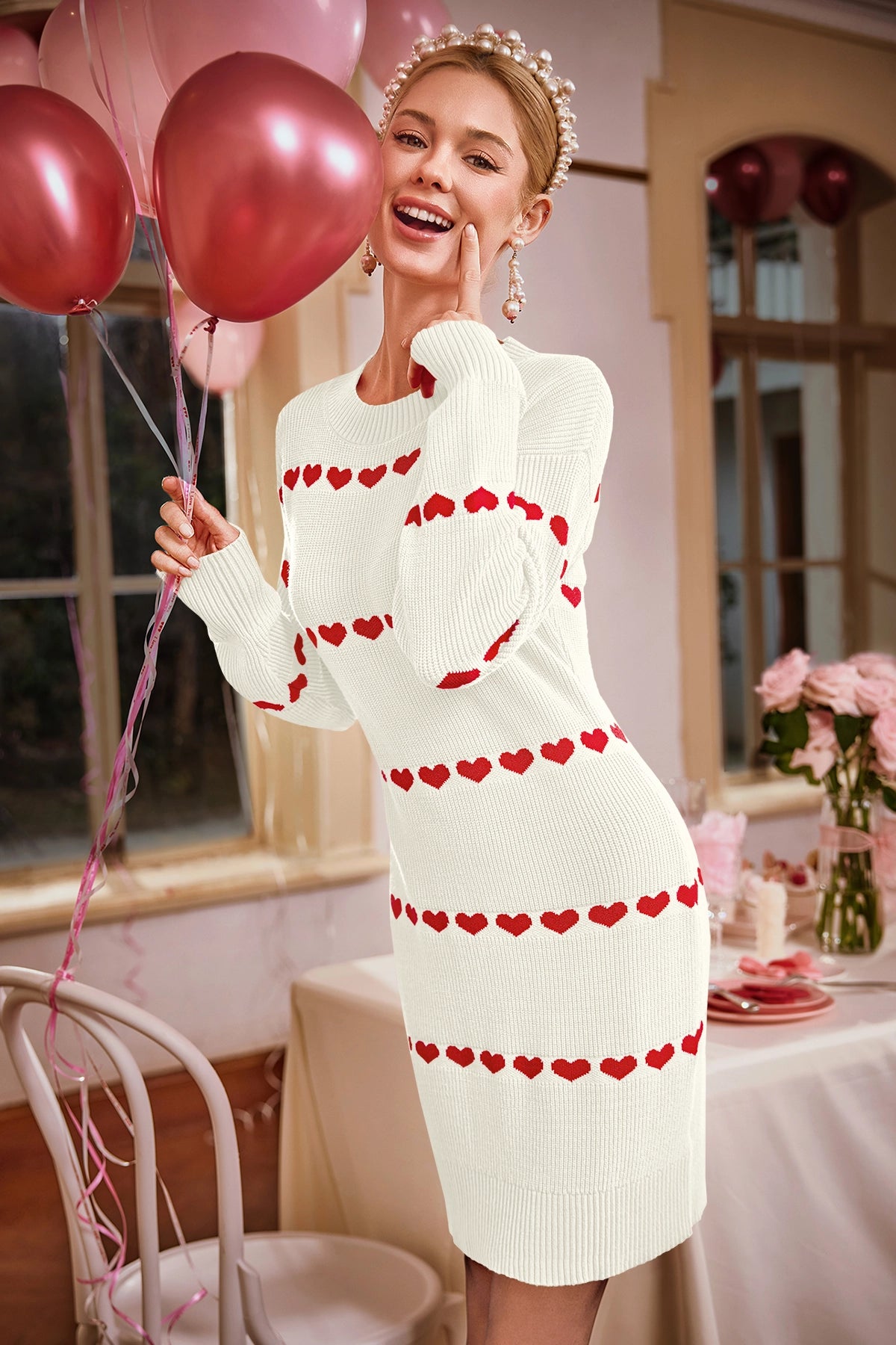 Wenrine Womens White Heart Crewneck Bodycon Mini Dresses