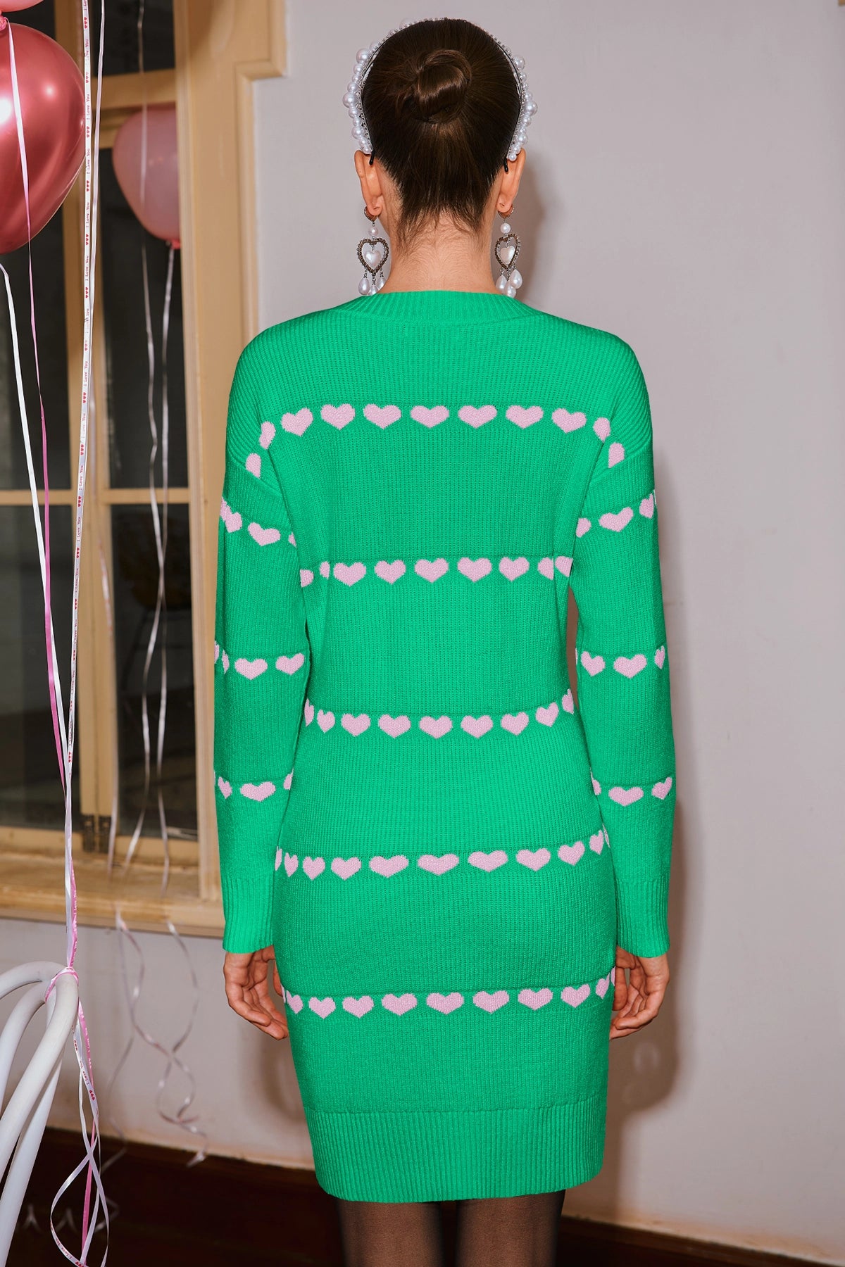 Wenrine Womens Green Heart Crewneck Bodycon Mini Dresses