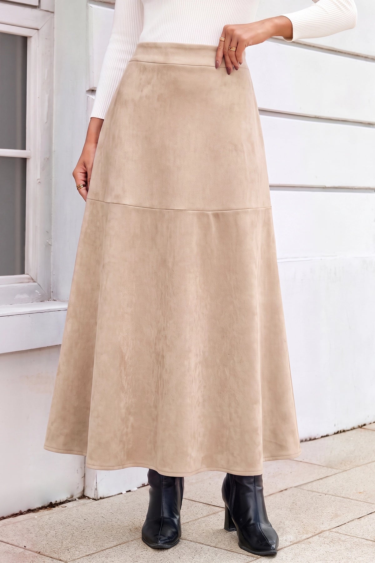 Wenrine Womens Apricot Faux Suede Maxi Skirt